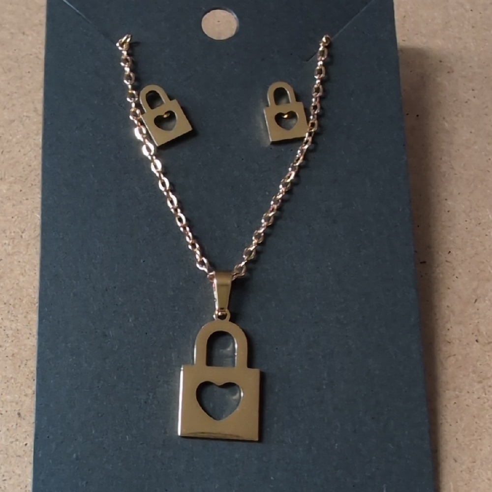 Gold Stainless Steel Padlock Necklace and Earring Set